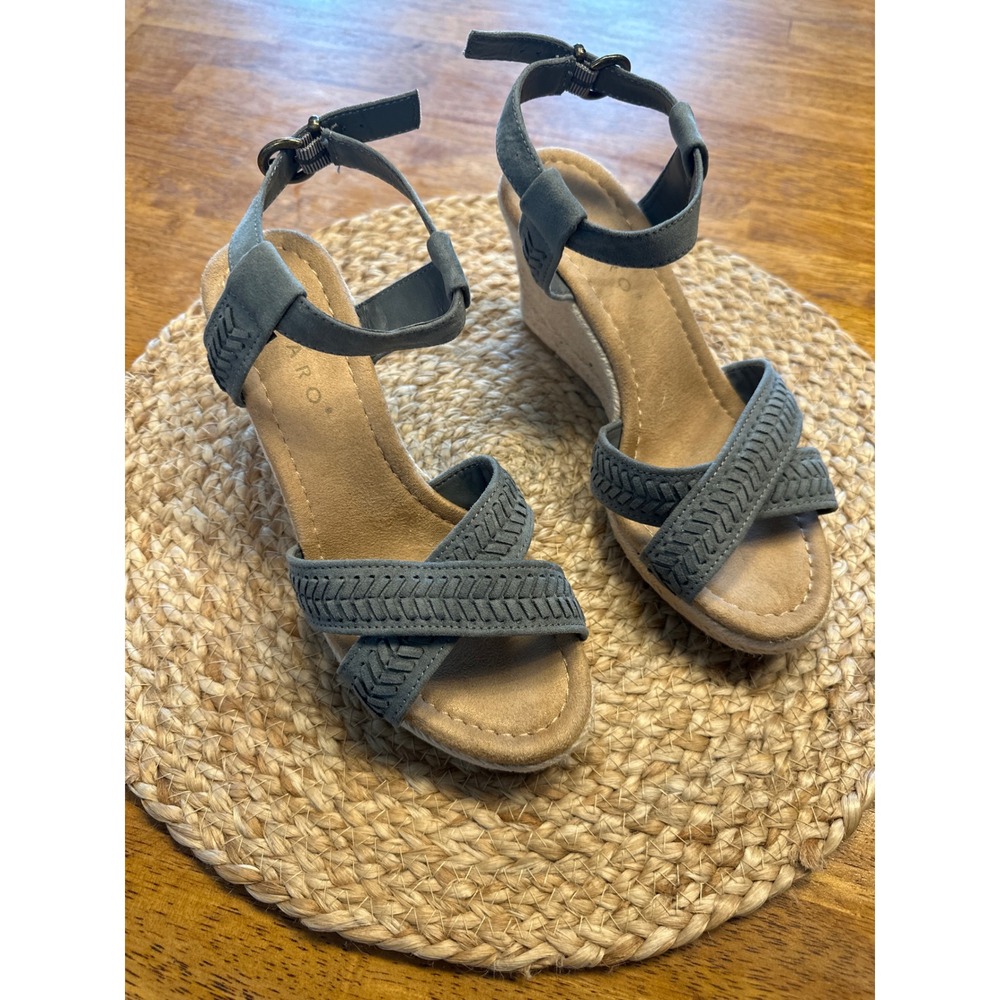 Pesaro Womens Blue Faux Suede Espadrille Wedge Sandals Laser Cut Straps Size 7